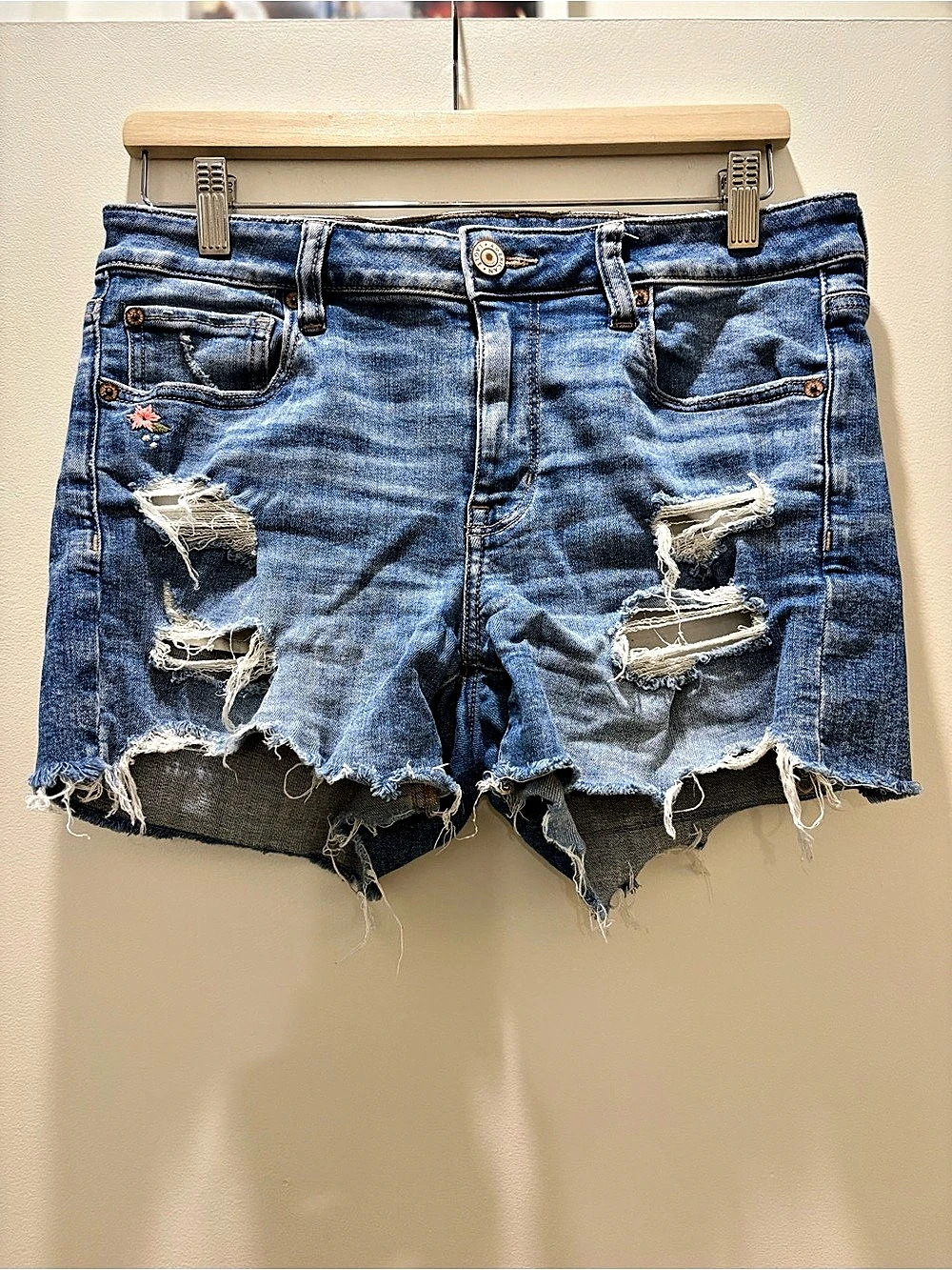 American Eagle Outfitters Floral Embroidered Denim Mom Shorts Distressed Blue